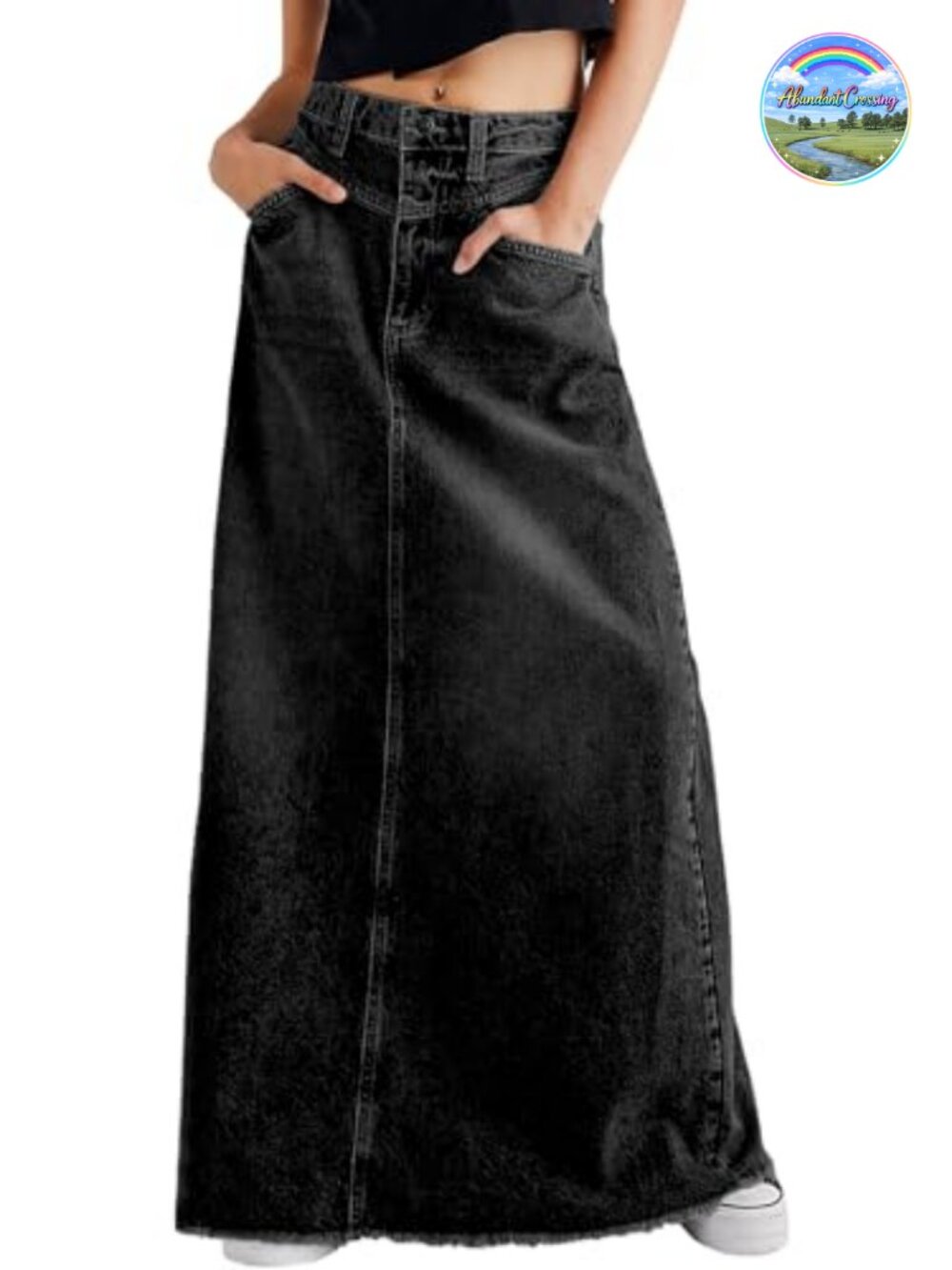 CHARTOU Women Vintage Denim Maxi Skirt Frayed Raw Hem High Waist A-Line Long